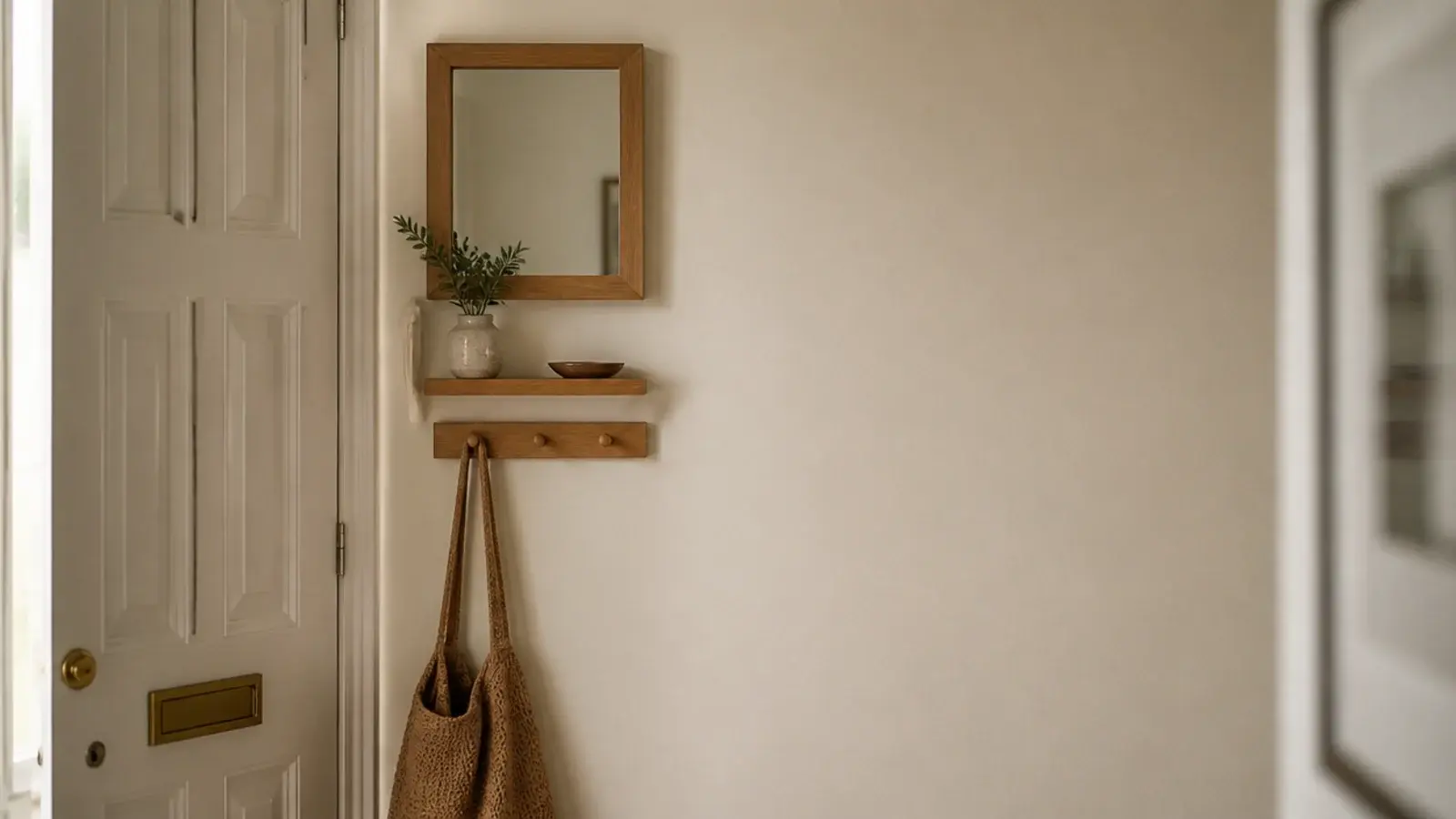 narrow strip of wall beside a door set up as a small entryway