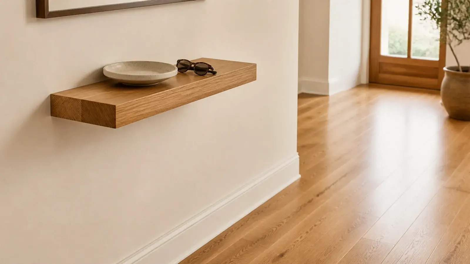 shallow floating oak ledge mounted at hip height in a tight hall