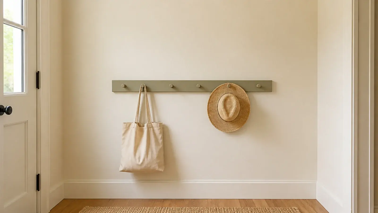 slim shaker peg rail on a small entryway wall holding a tote