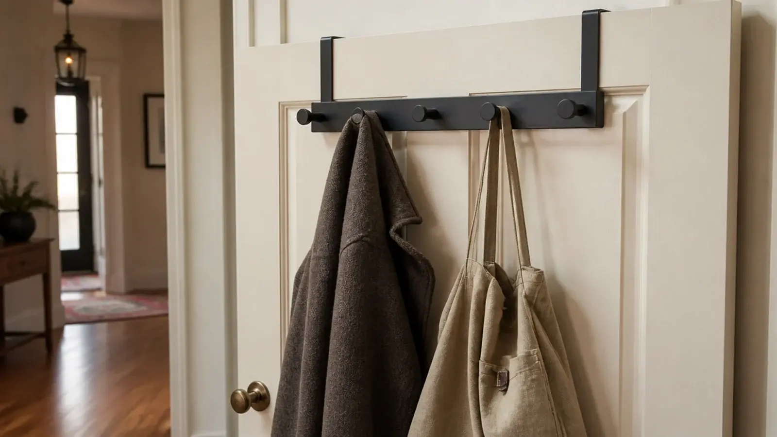 metal over the door hook bar holding coats in a rental entry
