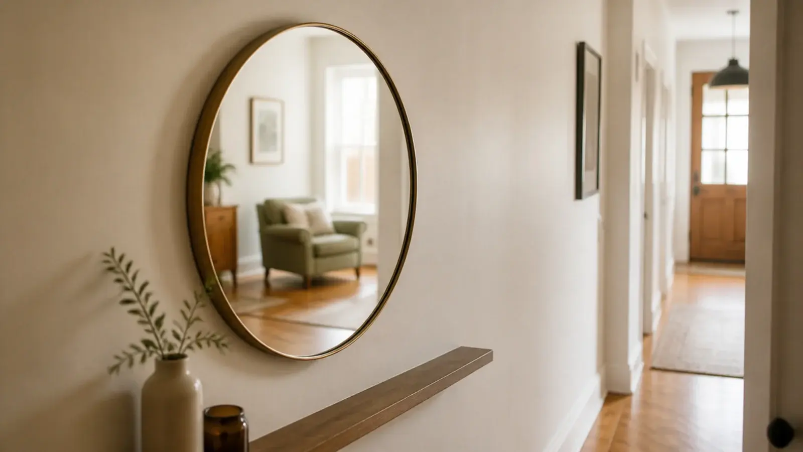 small entryway mirror hung on the long wall reflecting the room beyond