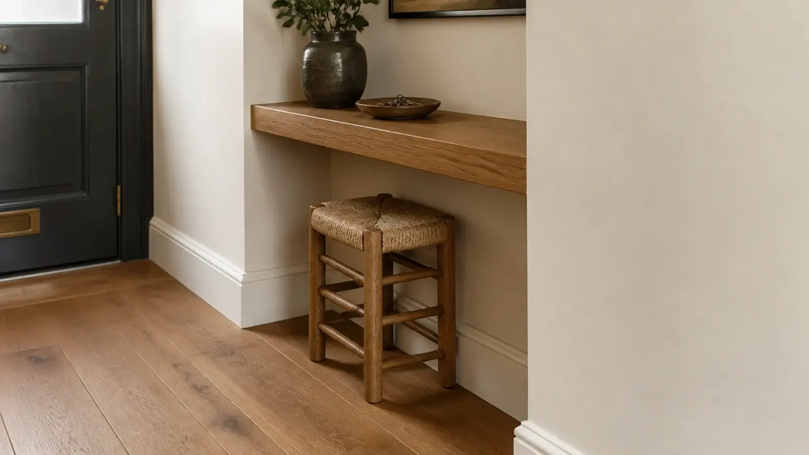 small round stool tucked completely beneath an entryway ledge