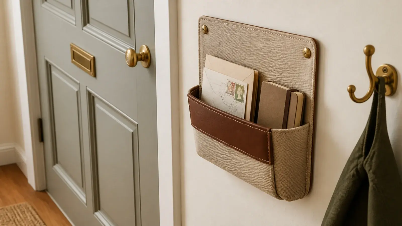 canvas wall pocket beside a front door holding letters and a notebook