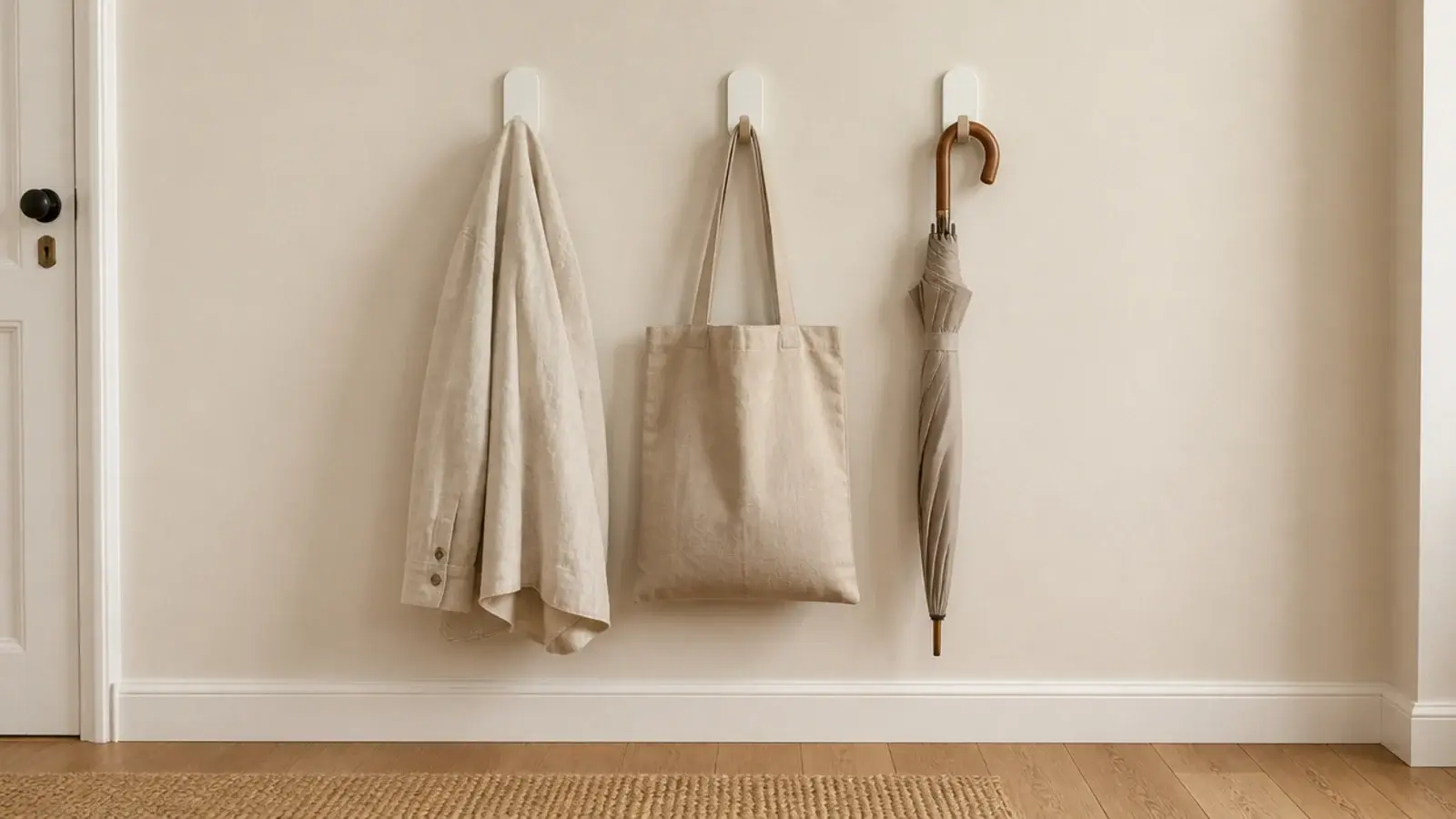 row of adhesive hooks on a rental entryway wall holding light bags