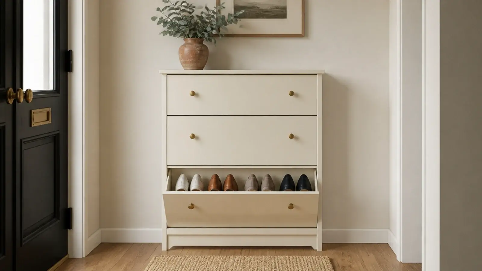 slim tilt out shoe cabinet fitted into a small entryway wall