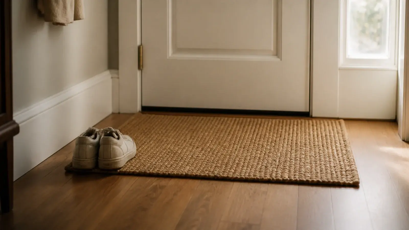 small woven doormat inside a front door marking a compact entry zone