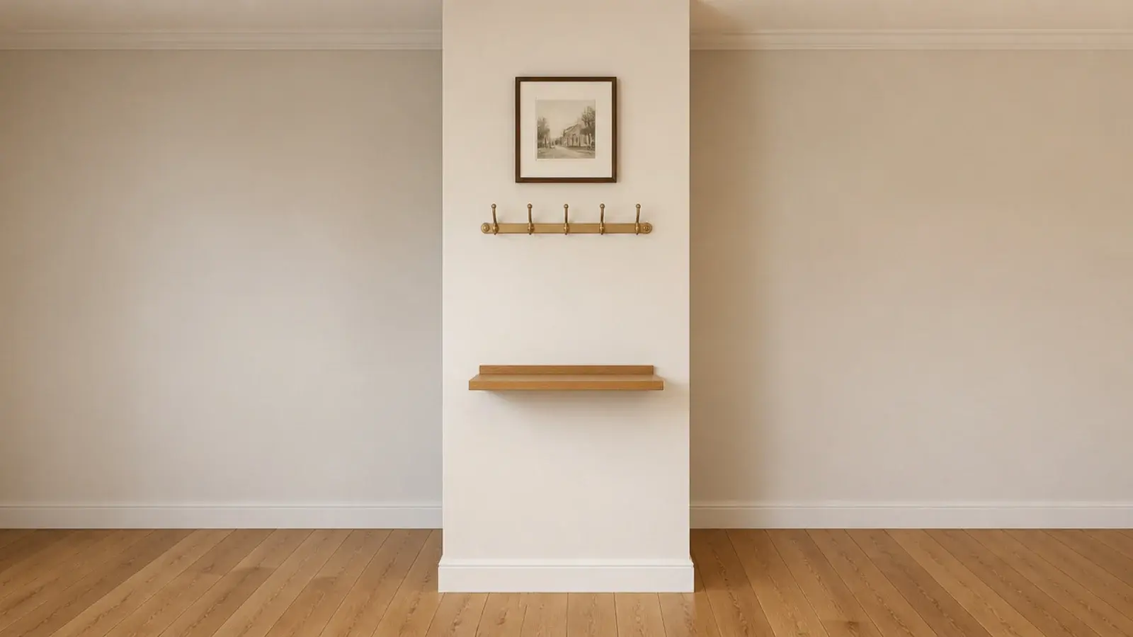 vertical column of ledge hooks and art on a narrow entry wall