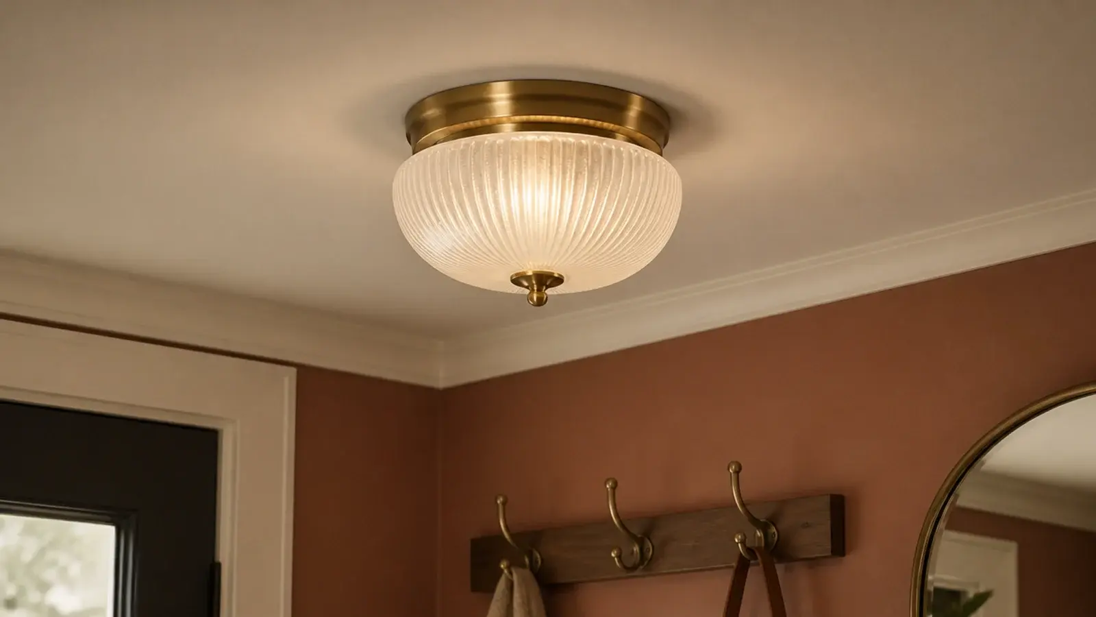 compact frosted glass ceiling light glowing in a small entryway