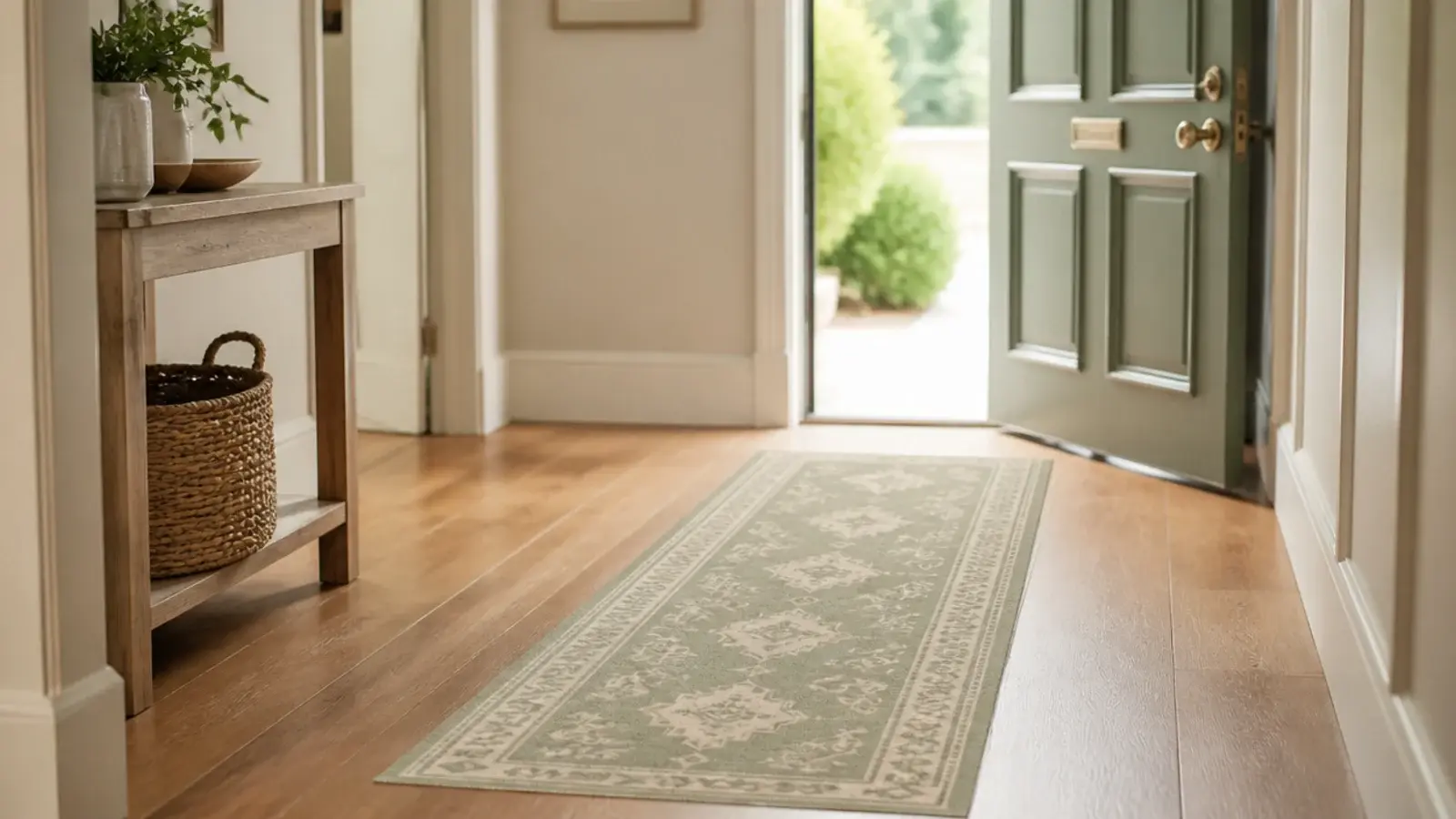 narrow flat weave runner stopping short of a swinging front door
