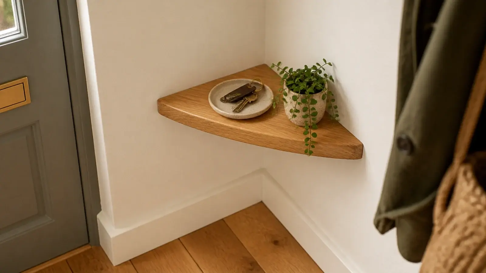 small triangular corner shelf holding keys in a compact entryway