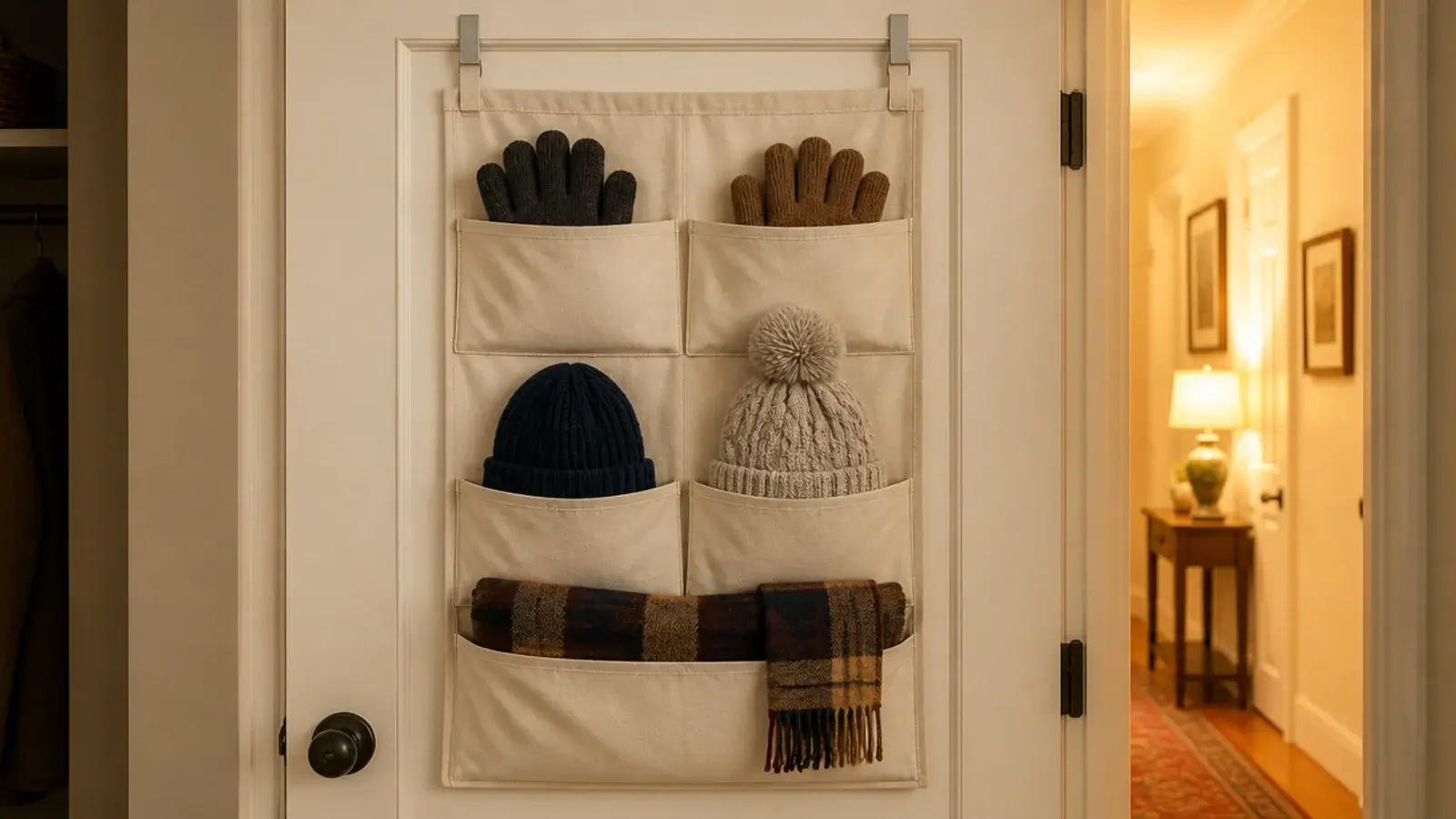 canvas pocket organizer on the back of a small entry closet door