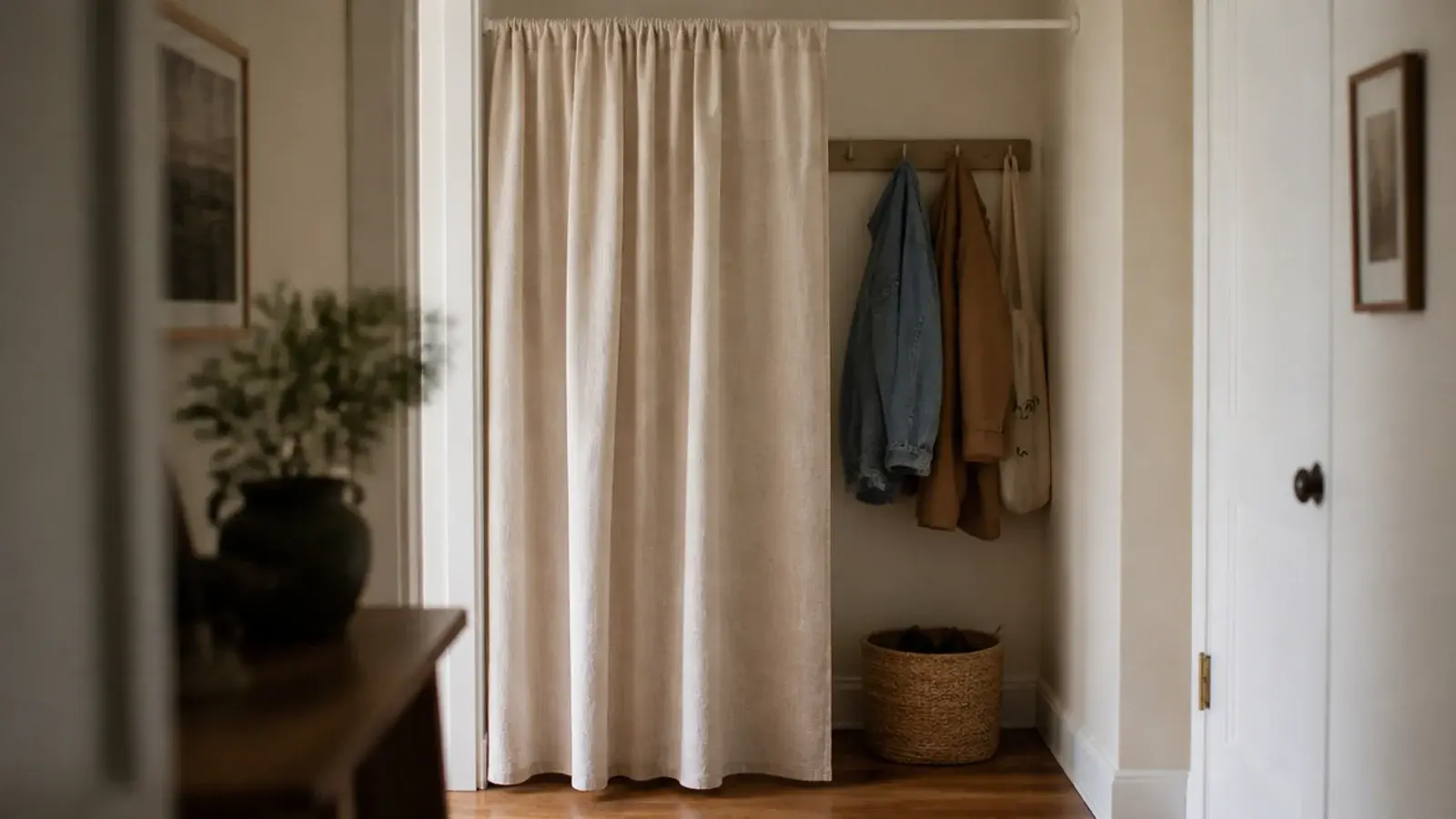 linen curtain on a tension rod concealing a small entryway coat nook