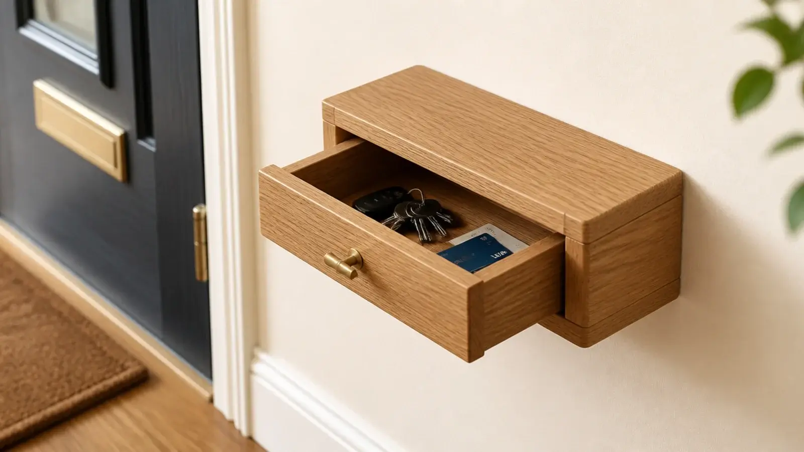 small wall mounted drawer unit beside a door holding keys and cards