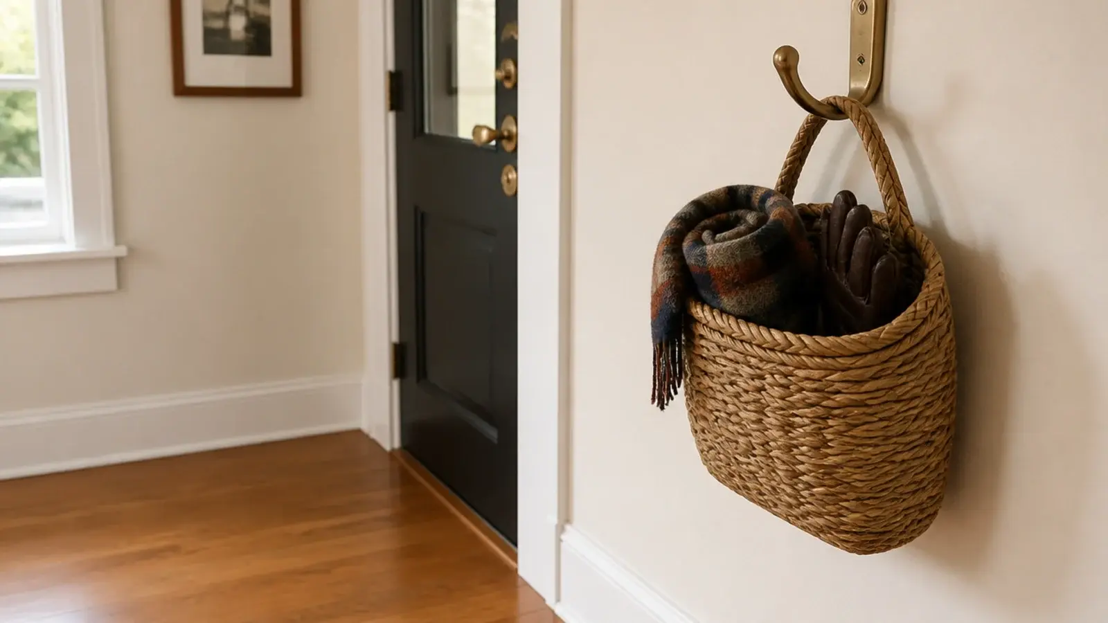 woven basket hanging from an entryway hook holding scarves and gloves