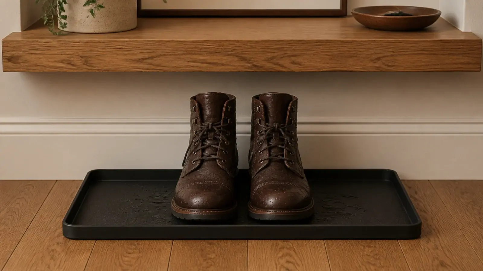 narrow raised lip boot tray tucked under a small entryway ledge