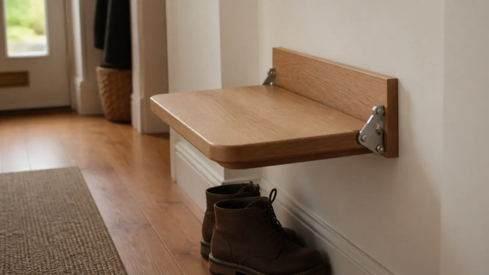 folding wooden wall mounted seat down in a narrow entry hallway