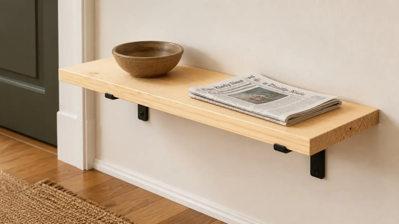 simple bracket and board shelf serving as a small entryway surface