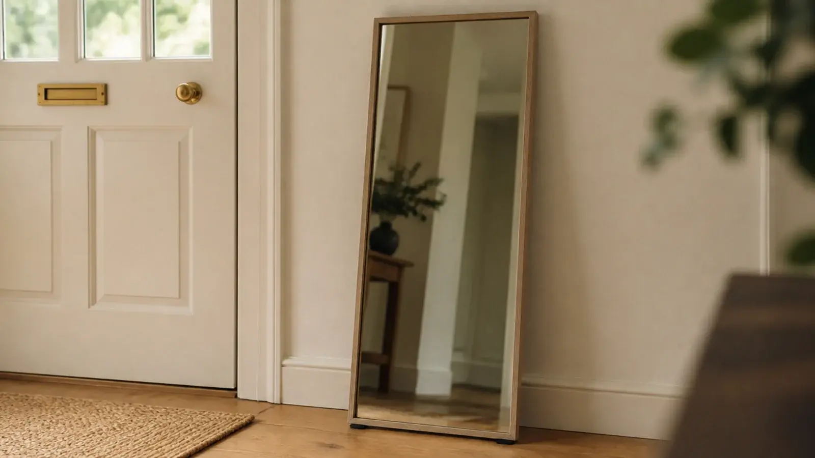 tall mirror leaning against a small entryway wall beside the door
