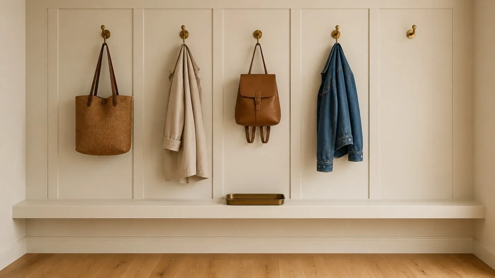 small entryway hooks holding exactly one bag for each person