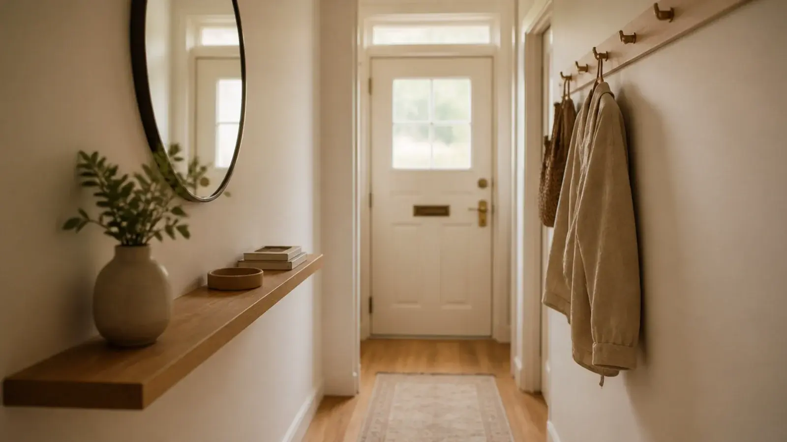 small entryway ideas with a slim wall ledge hooks and a narrow runner