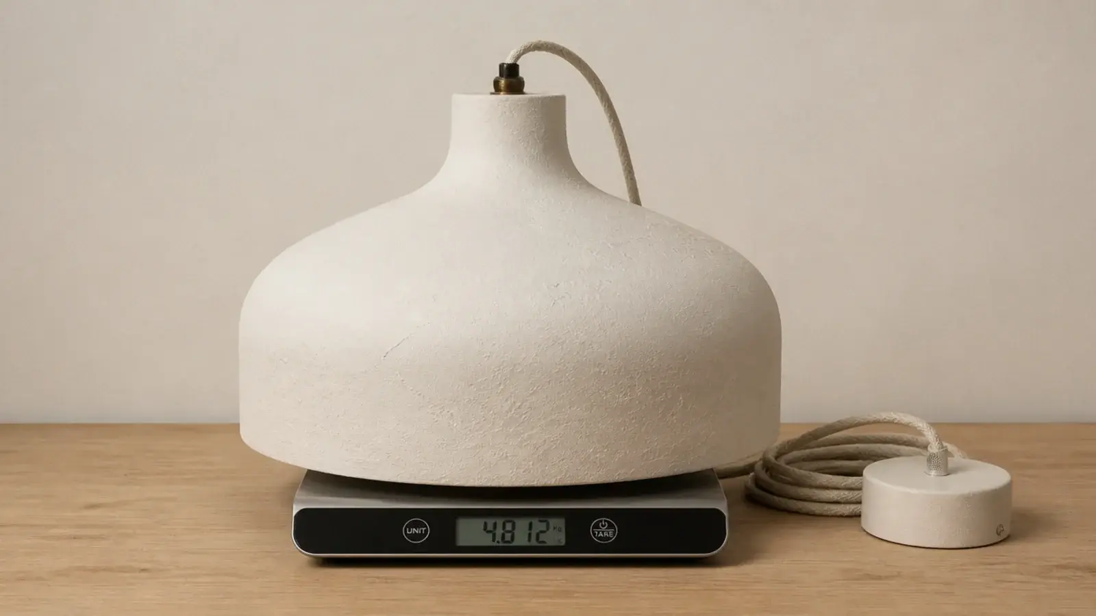kitchen scale weighing a heavy pendant shade before installation