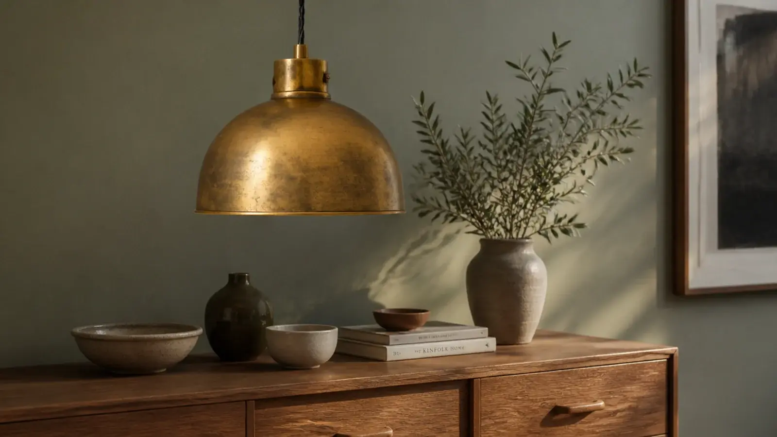 unlacquered brass pendant showing warm uneven age across its surface