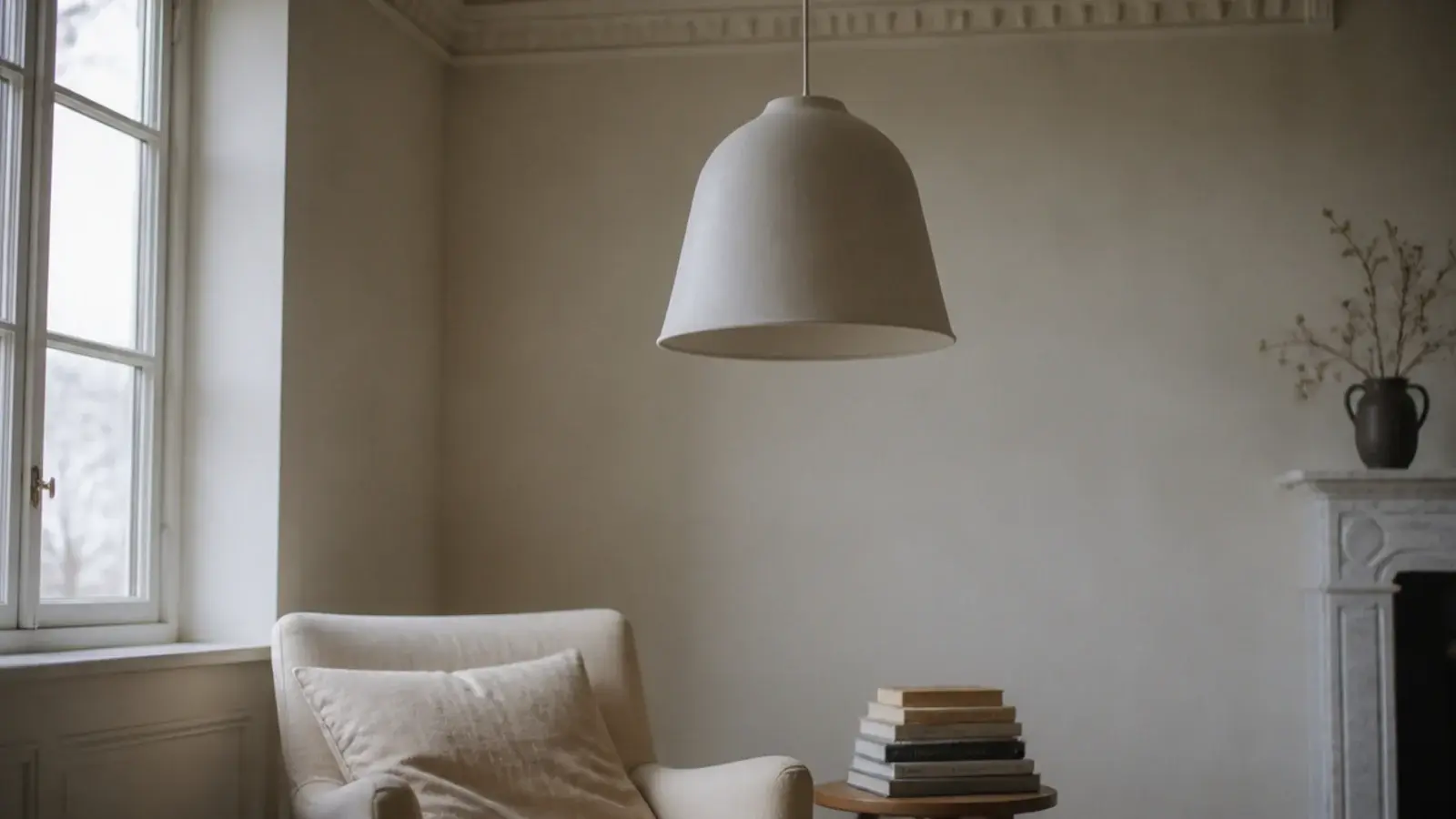 matte plaster pendant almost vanishing against a chalky white ceiling