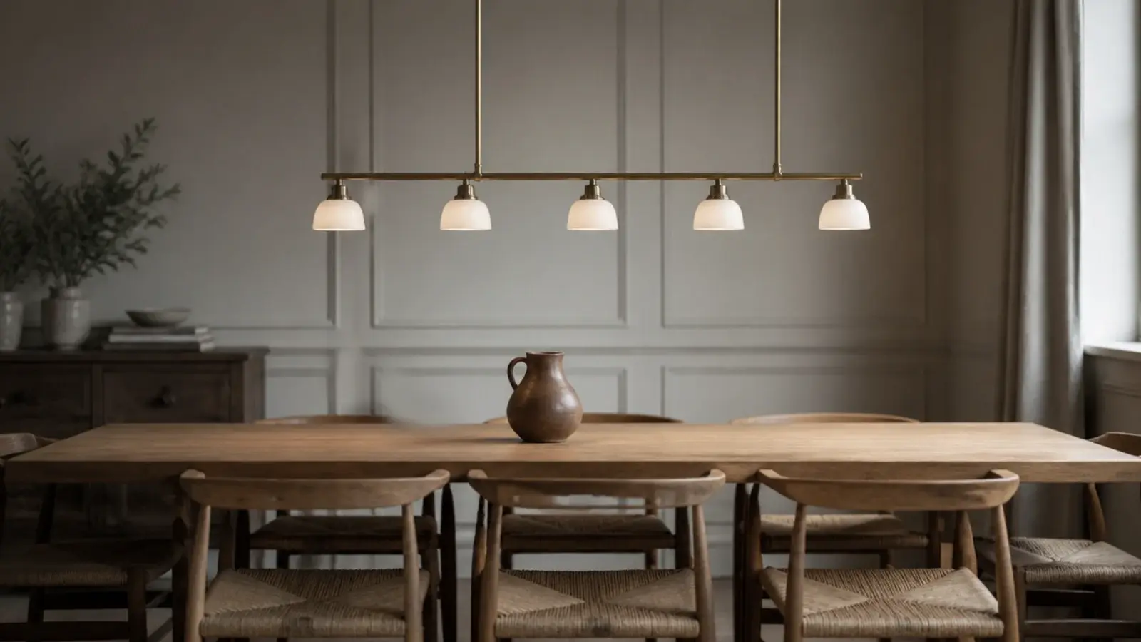 slim brass linear light bar running the length of a dining table