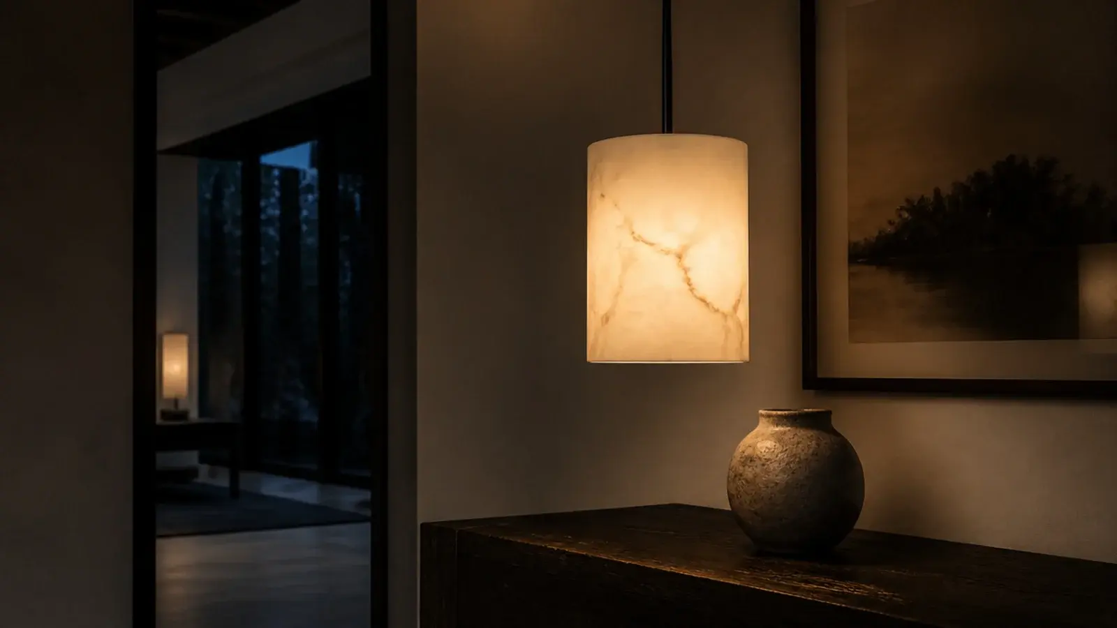 alabaster pendant glowing softly with visible veining in the stone