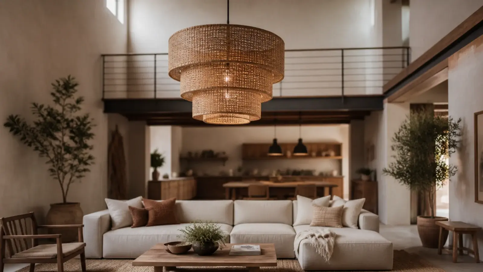 tiered woven rattan lantern hanging in a double height room