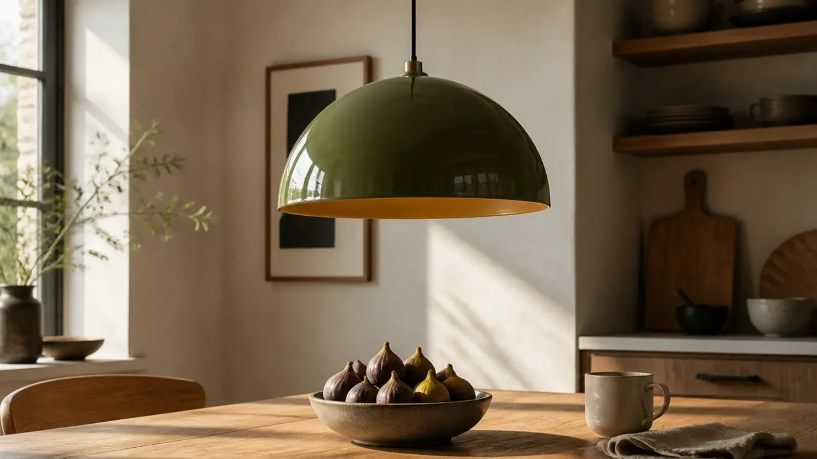 glazed ceramic dome pendant with a warm coloured inner surface