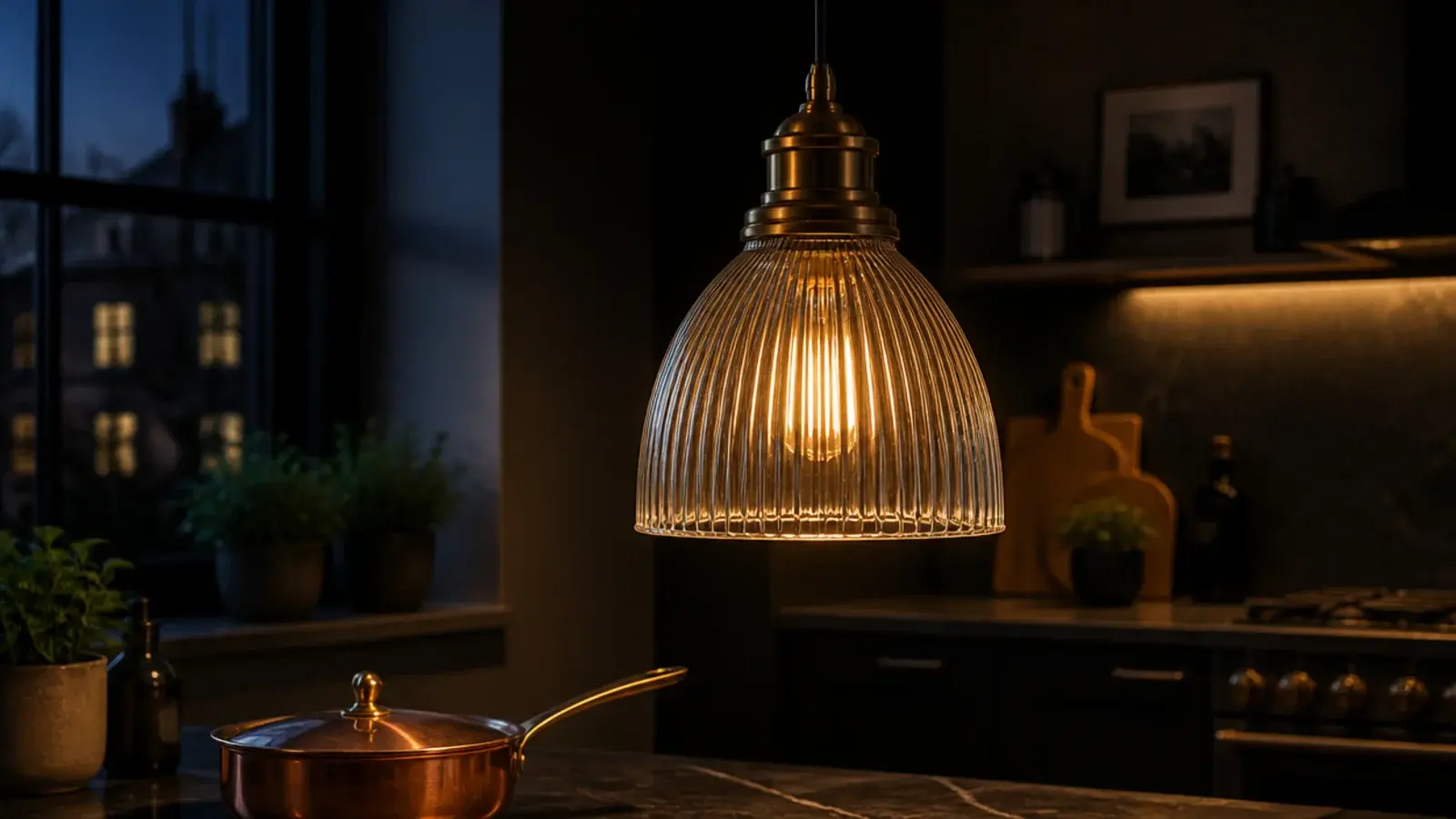 fluted ribbed glass pendant breaking the bulb into soft lines