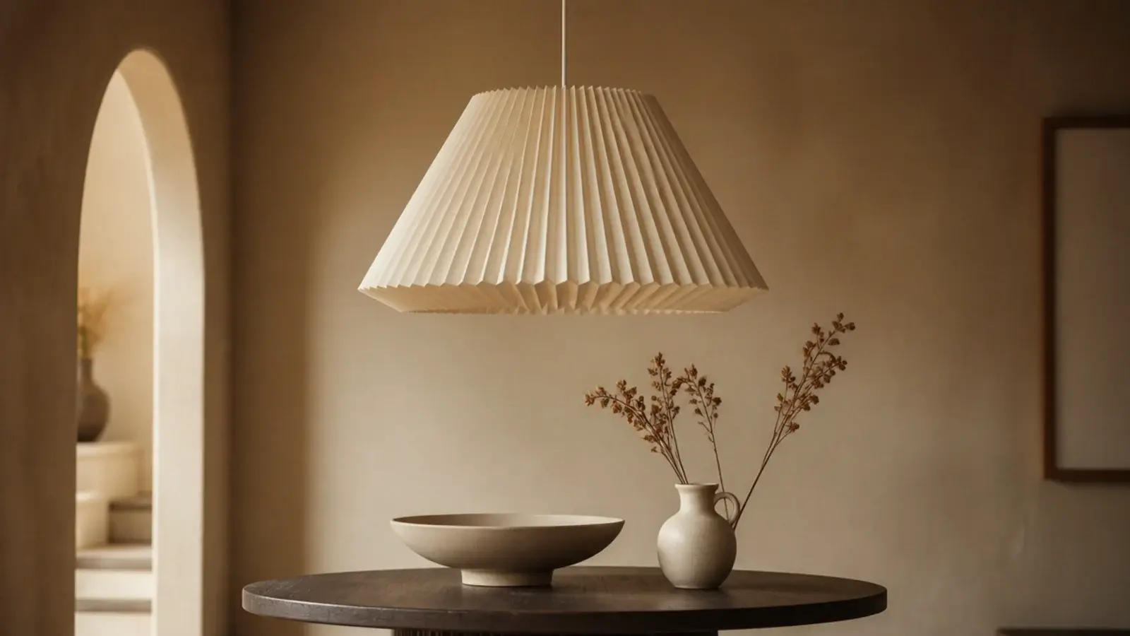 hand pleated fabric pendant with a rigid frame and even folds