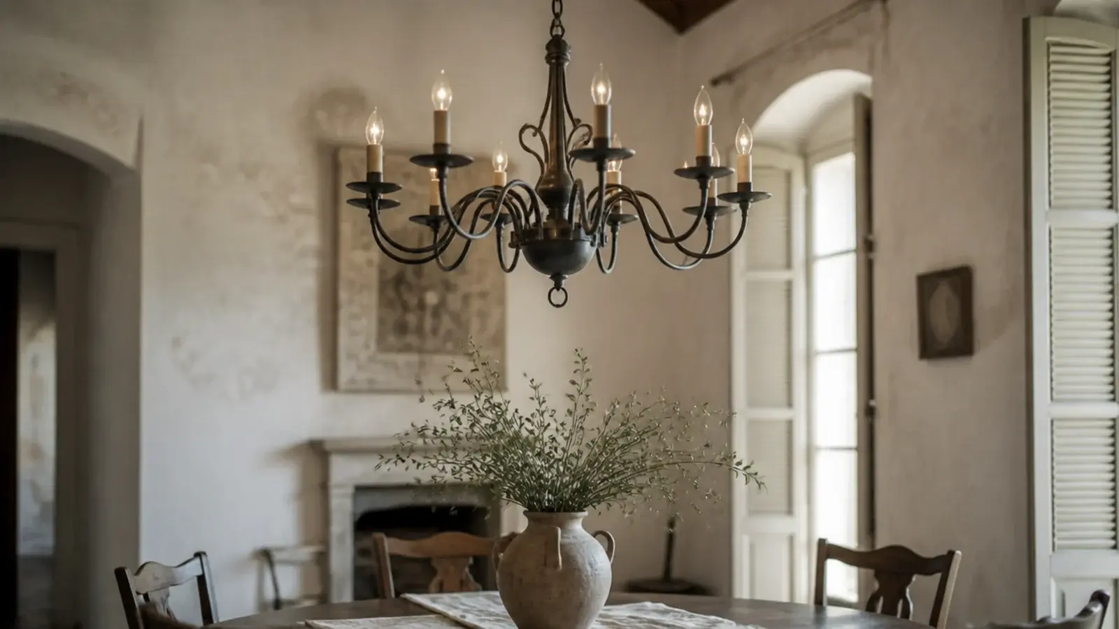 multi arm chandelier scaled correctly to a wide plastered room