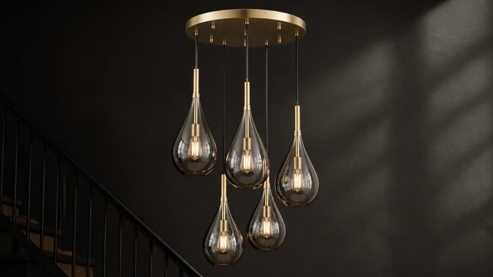 cluster of smoked glass shades hanging from one machined canopy