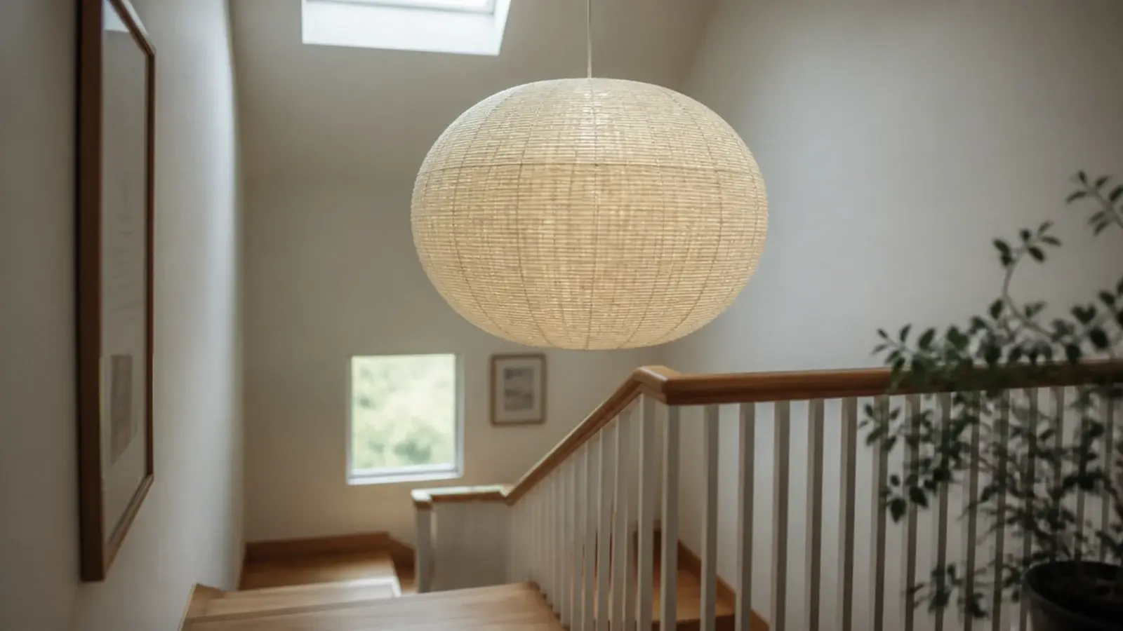 large woven paper shade suspended in an open stair void