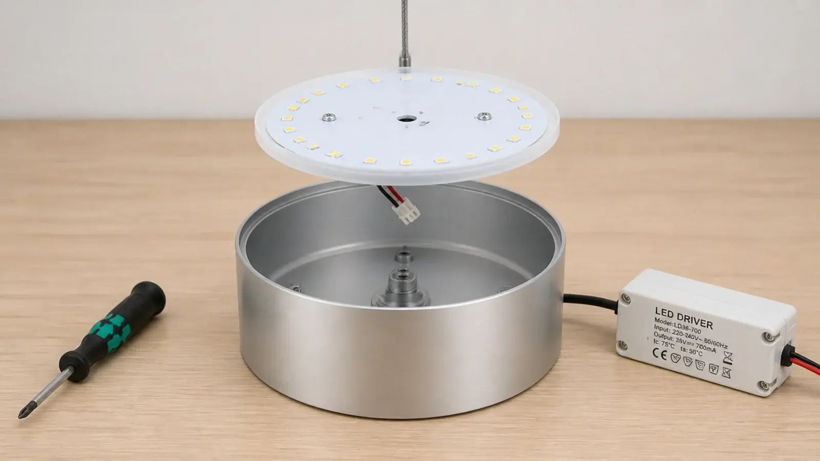 replaceable LED module lifted out of a modern pendant housing