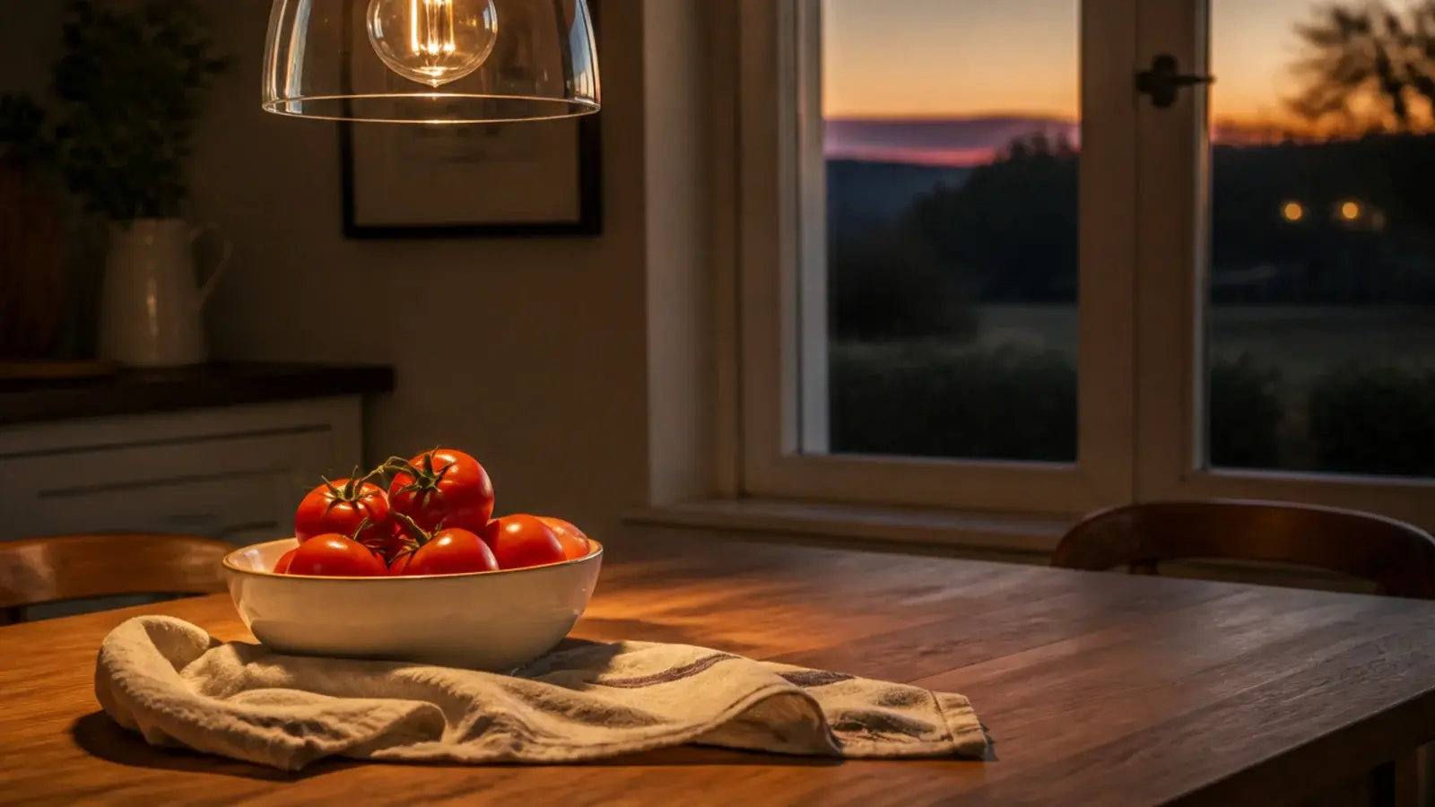 warm high colour rendering light falling across oak and linen