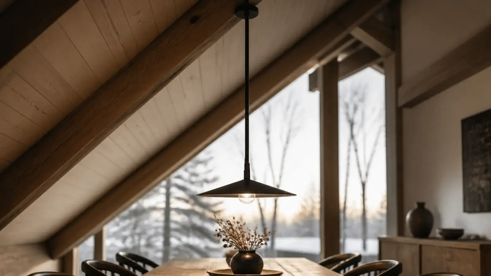 rigid rod pendant hanging plumb below a sloped timber ceiling