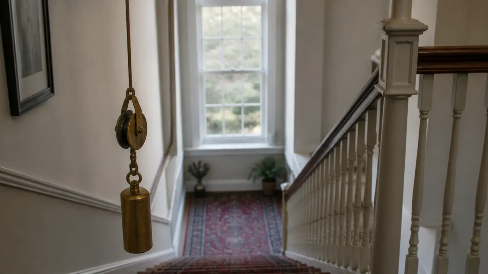 counterweighted pulley pendant lowered over an open stair landing