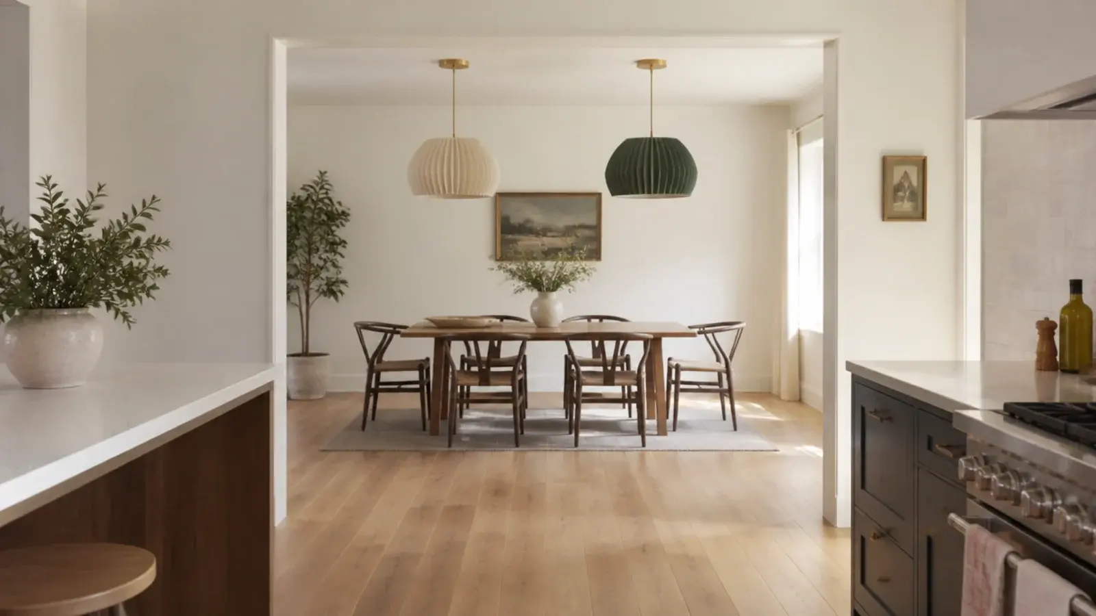 matching brass ceiling canopies seen across two connected rooms