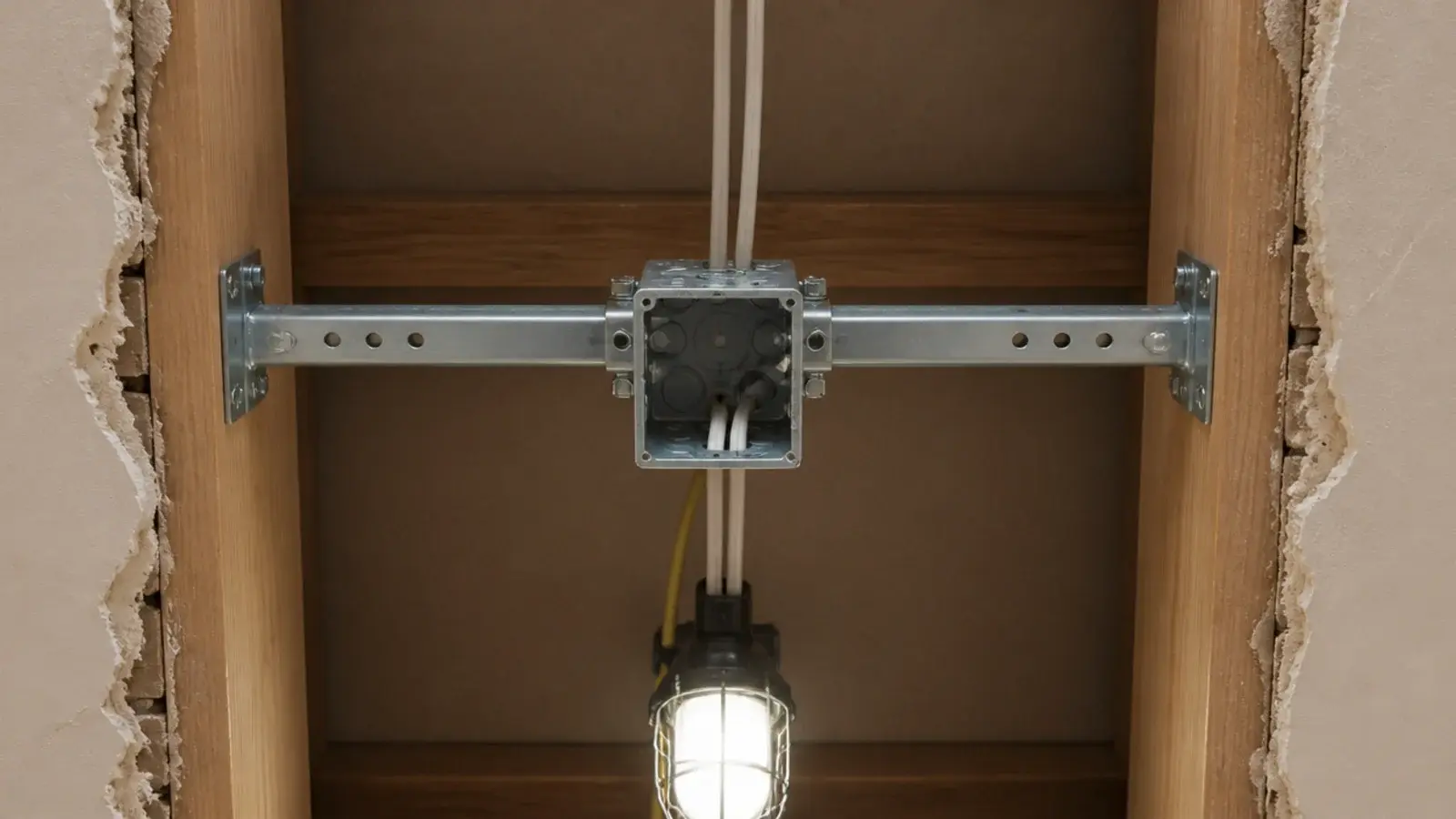 metal brace bar fitted between joists to carry a heavy fixture