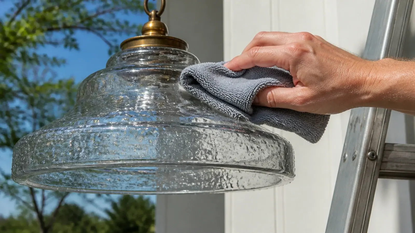 thick cast glass pendant being wiped with a soft cloth