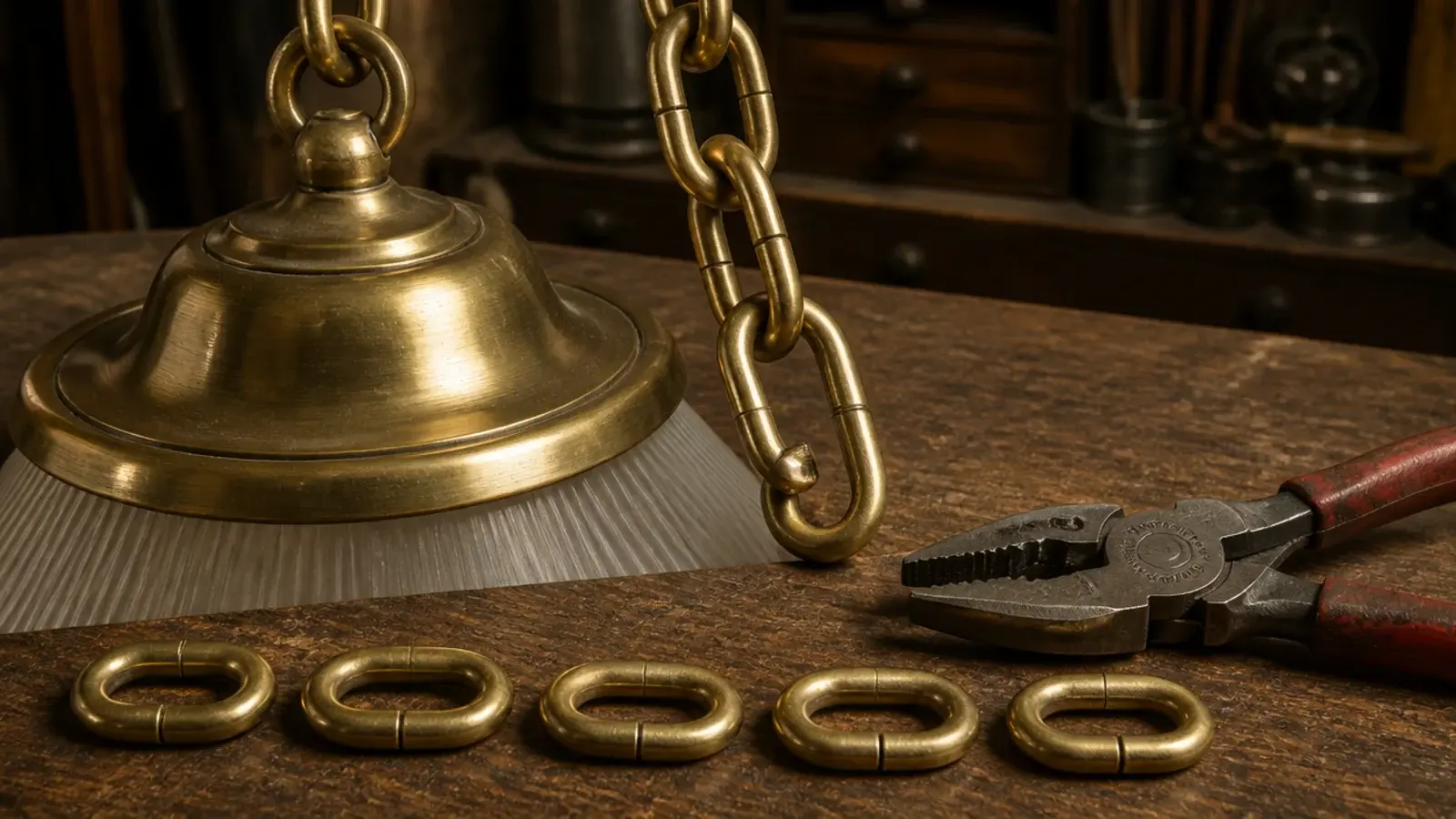 heavy brass chain suspension shortened to an exact drop length