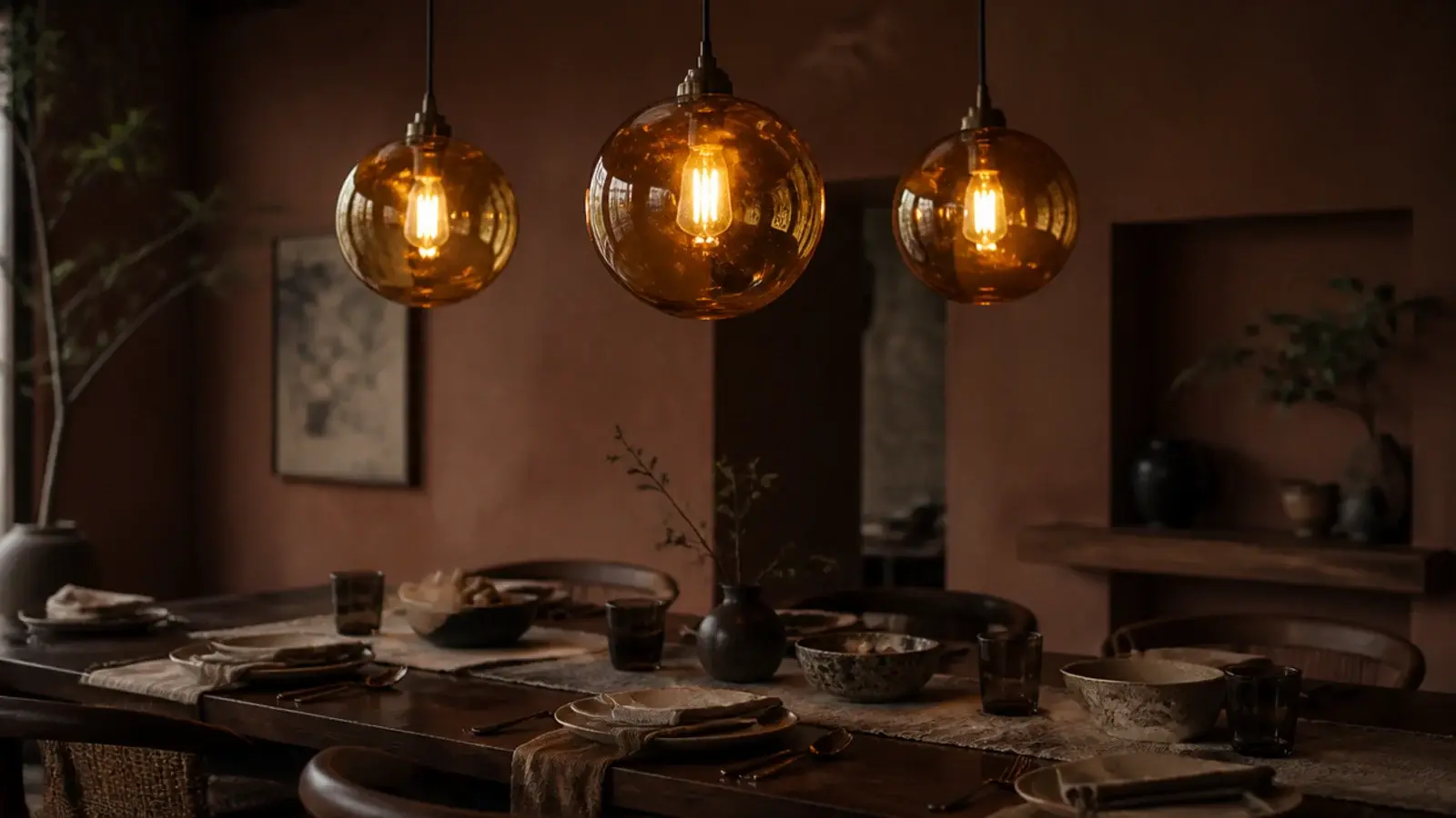 hand blown glass ceiling hanging lights glowing above a dark dining table
