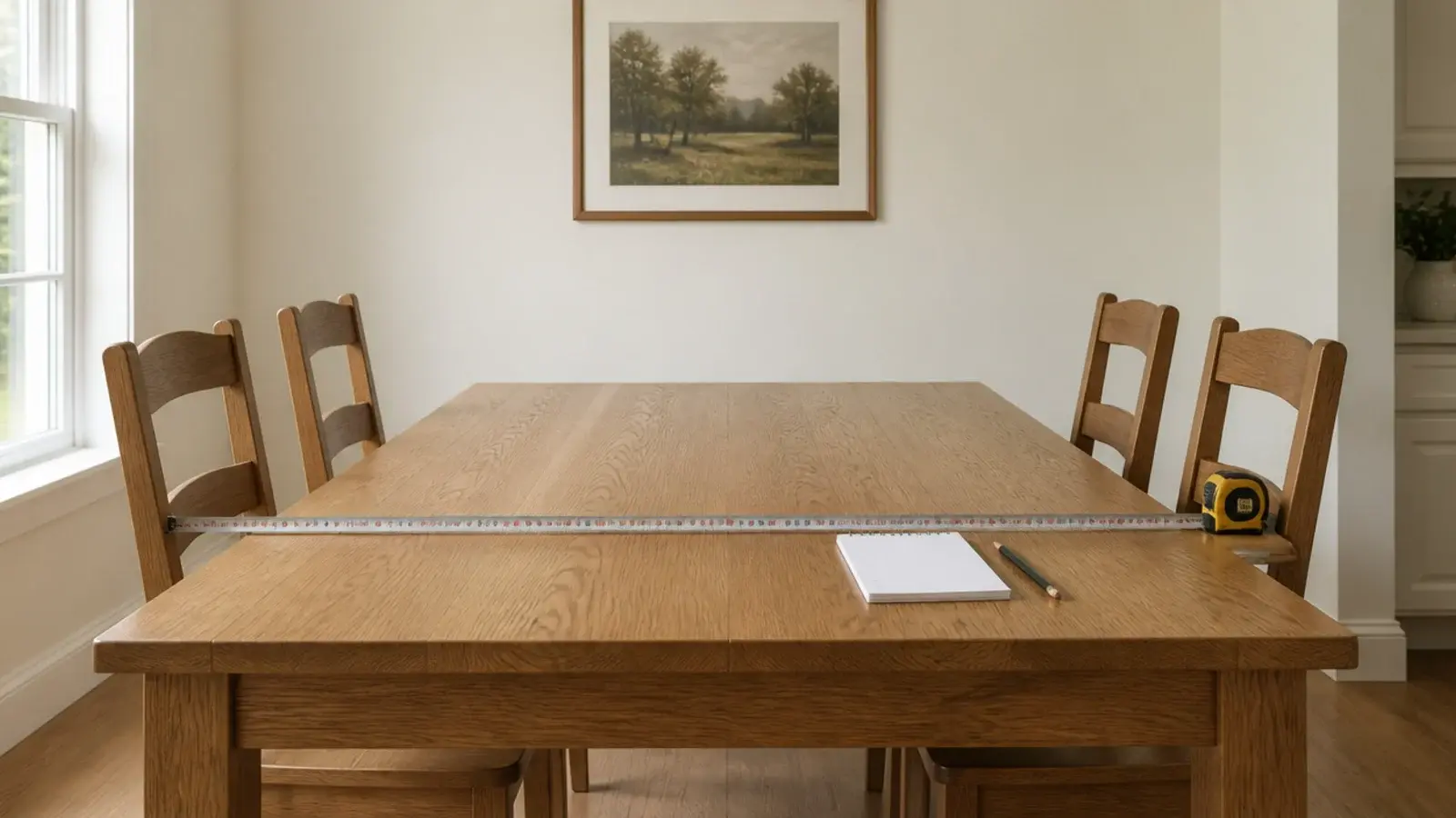 tape measure laid across a dining table to check shade width