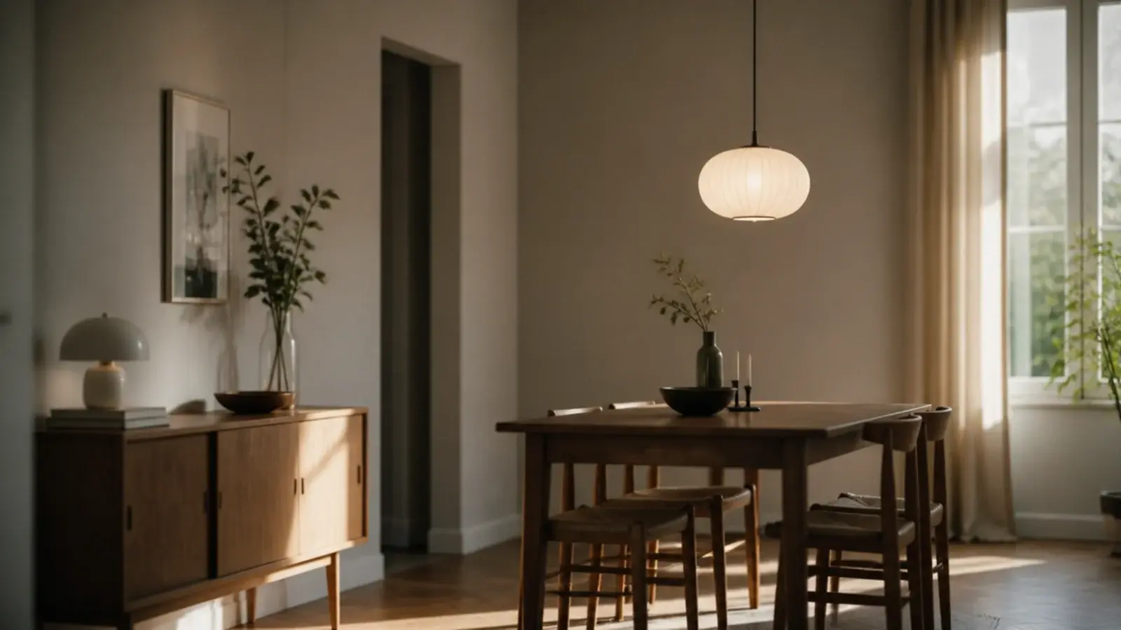 pendant hanging exactly over a table set off centre in a room