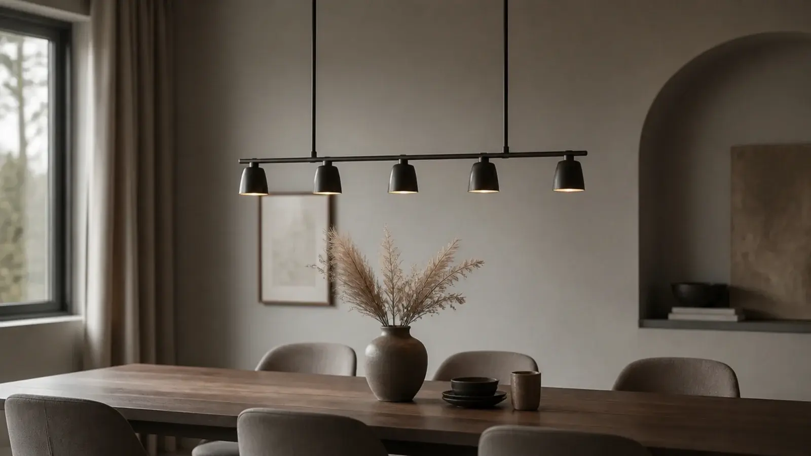 linear light bar running centrally above a long dining table