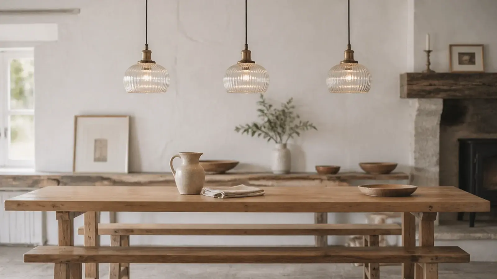 three matching pendants evenly spaced along a dining table