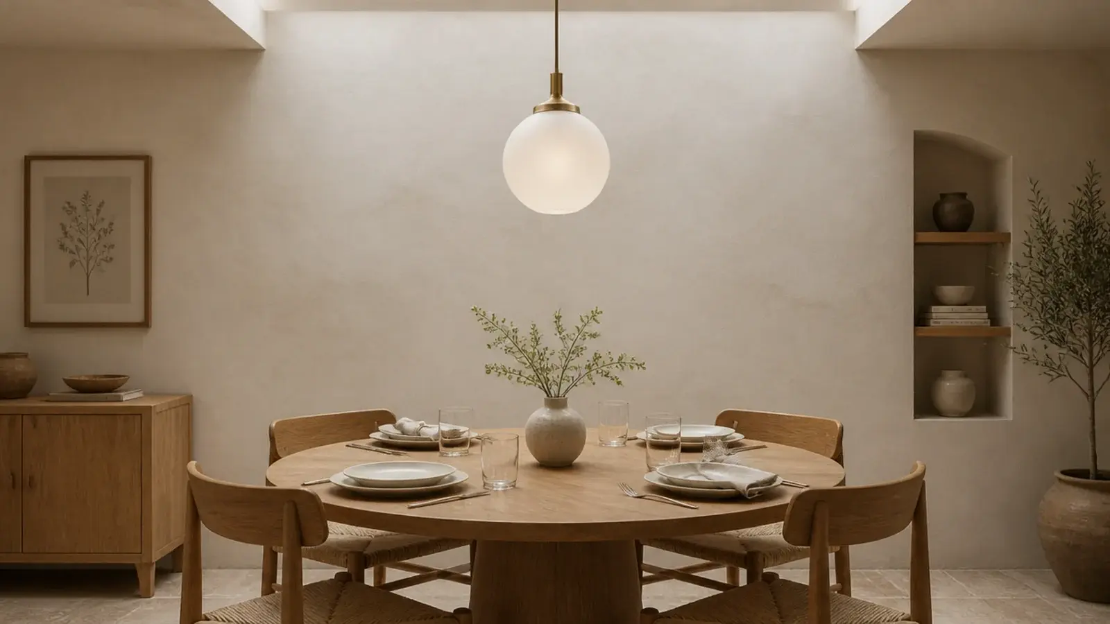 single opal globe centred above a round dining table below